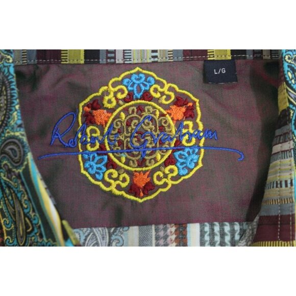 Robert Graham Men Shirt Paisley Long Sleeve Button Striped Flip Cuff Multi Sz L - Picture 2 of 14